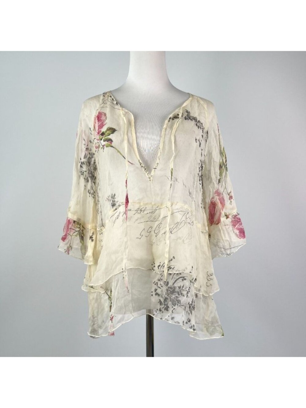 NWOT Johnny Was Silk Floral V-Neck Tiered Blouse Cream Size S - Picture 2 of 12